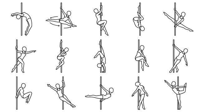 pole dancer vector acrobat invert line art set featuring women doing extreme split upside down drop handstand aerial tricks flexibility fitness gymnastics icon collection