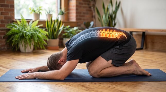Man in Child's Pose yoga with glowing spine highlighting lumbar pain and discomfort