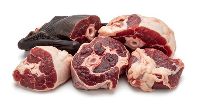 A selection of raw beef cuts, including oxtail and shank, displayed artfully on a clean surface, showcasing the rich red meat and marbling.
