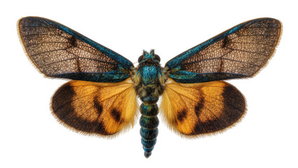 Isolated vibrant blue and orange moth with intricate wing patterns on display, detailed insect specimen © Francisco