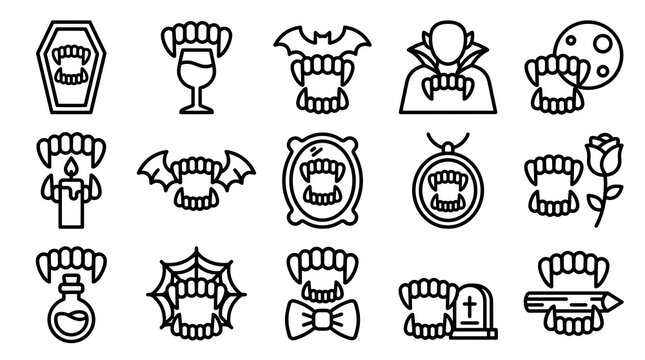 vampire teeth vector icon halloween line art set featuring sharp fangs with coffin bat wings candle mirror potion web grave stake rose wine glass Dracula cloak elements