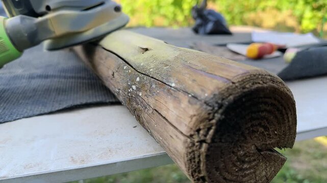 Manual sanding of wood with a cordless sander on the street. Preparation of a wooden block for painting. Craft at home