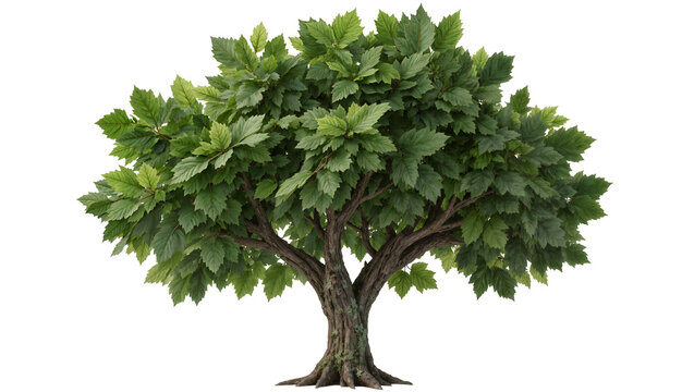 Isolated mature green tree with dense foliage, strong textured trunk, and visible root system