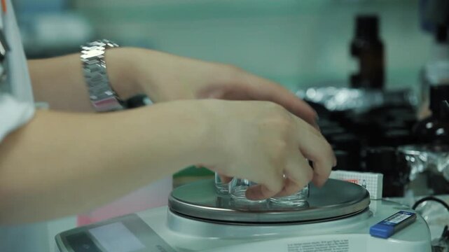 Close-up of a scientist's hands placing empty glass jars on a digital precision scale in a laboratory. Preparing to measure chemical liquids. Science, research, and chemistry concept.