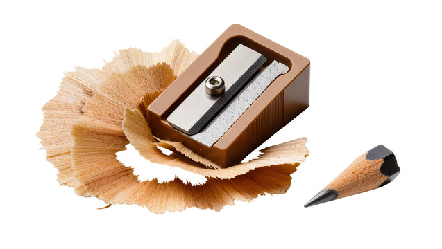 Isolated brown pencil sharpener with wood shavings and a sharpened dark graphite pencil