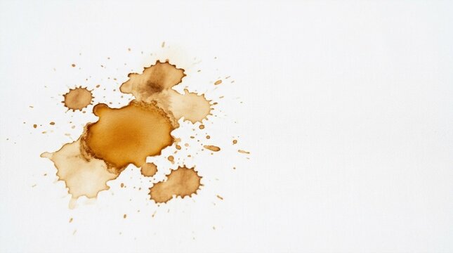 Brown liquid splatter on white surface, coffee stain, abstract pattern