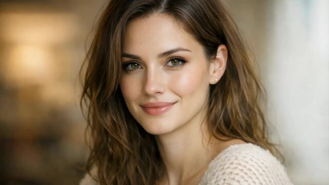 Soft focus portrait of a young woman with gentle smile. Warm, natural lighting highlights her delicate features. Wavy brown hair frames her face softly. She wears a textured, light-colored knit top