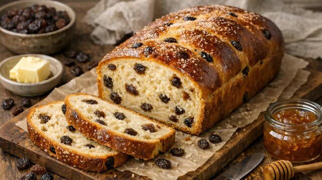 Fresh bread with raisins on wooden surface. Sliced loaf shows soft interior and dark fruit pieces. Golden crust glows under warm lighting. Raisins scattered nearby, butter and jam beside loaf