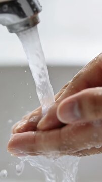 Vertical video: Washing soapy hands rubbing fingers under running chrome faucet at sink, rinsing