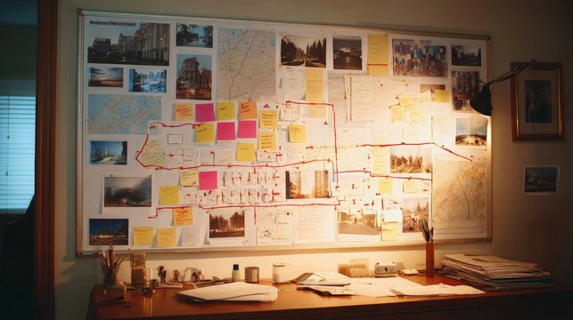 Extensive Detective Evidence Board Connects Maps, Forest Photographs, and Red String During Complex Missing Persons Investigation