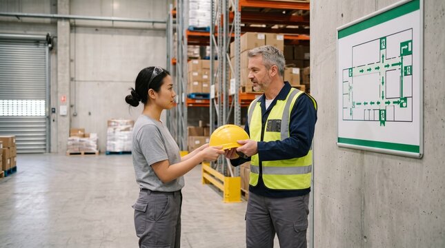 Warehouse supervisor hands safety helmet to female employee near emergency exit plan