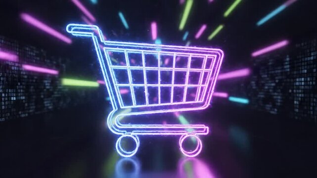 Neon shopping cart icon in digital speed tunnel