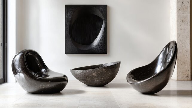 Modern sculptural furniture with rounded forms inside a contemporary minimal interior.