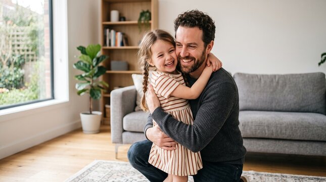 A father and daughter share a warm embrace in a sun-drenched living room, their smiles reflecting the pure joy and unconditional love between them.