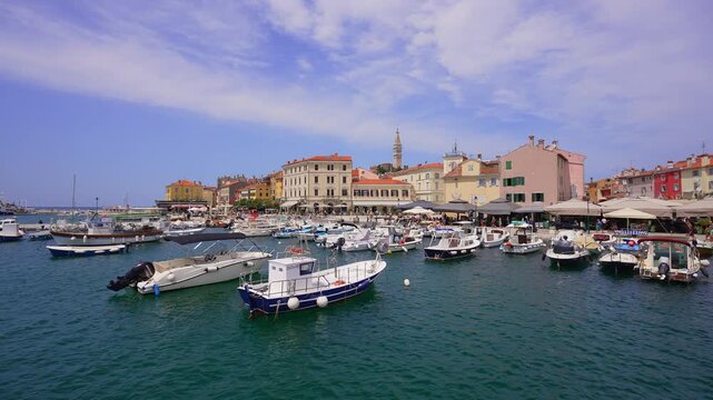 Fishing Boats in Rovinj Harbour, Croatia Waterfront.Filmed on July 17,2026.