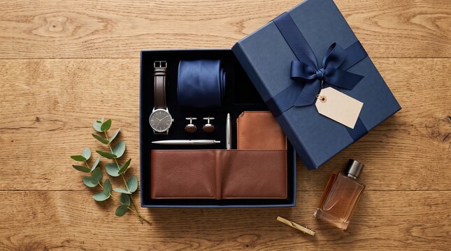 A curated collection of luxury men's accessories is presented in an open gift box, showcasing a tie, watch, cufflinks, pen, wallet, and fragrance bottle on a rustic wooden surface.