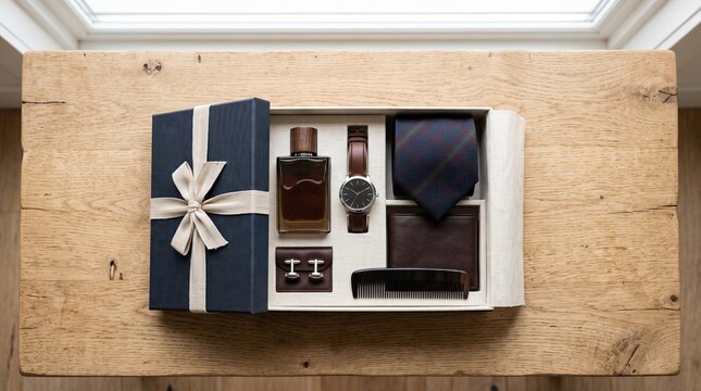 A sophisticated men's grooming and accessory gift set, featuring a fragrance bottle, wristwatch, tie, wallet, and cufflinks, elegantly presented on a rustic wooden table.