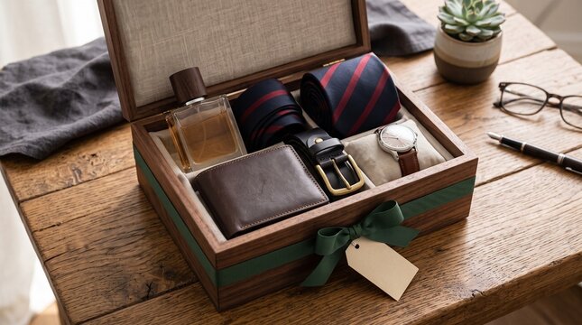 A luxurious gift set for a gentleman, featuring a polished wooden box filled with essential accessories like a tie, belt, wallet, watch, and cologne, along with a blank tag for personalization.