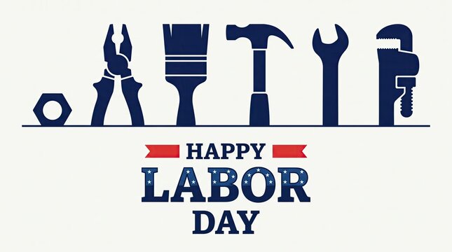 Happy labor day greeting card design with various construction tools and equipment on a white background