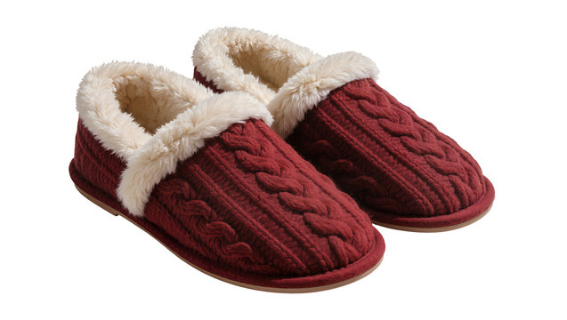 Isolated pair of red knitted slippers with white faux fur lining for cozy comfort at home