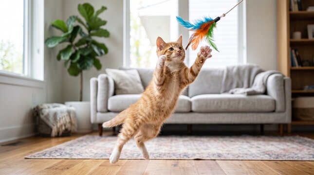 An energetic orange tabby cat leaps and plays with a feather toy, capturing the pure joy of a playful moment indoors.