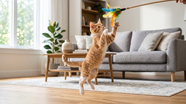 An energetic ginger kitten leaps in mid-air, playfully batting at a colorful feather toy held by an unseen hand in a sunlit, modern living room. The scene captures the pure.