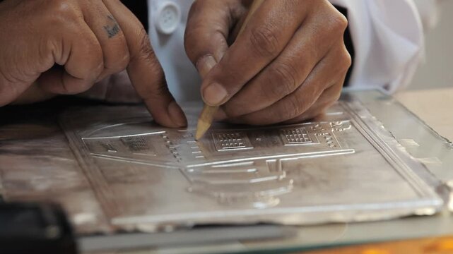 Close-up of an artisan's hands creating a metal relief using a wooden stylus on a silver sheet. Traditional repouss&eacute; craft, embossing, and handmade artistic hobby concept.