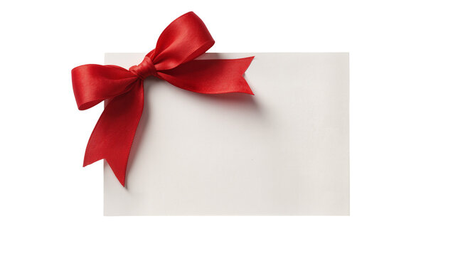 Isolated elegant festive red satin gift bow on a blank white card for your custom message