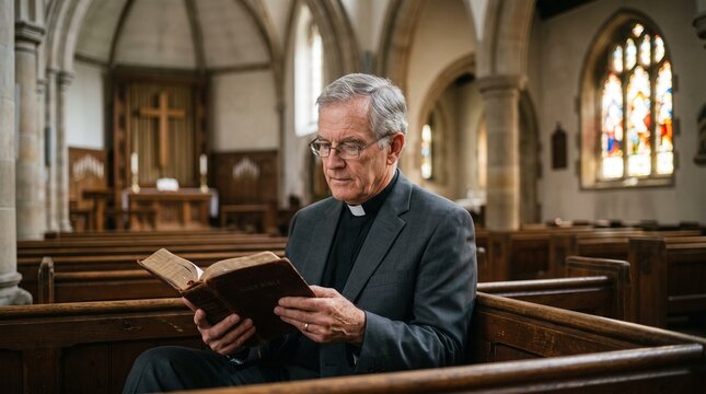 An elderly clergyman reads from a large, antique bible while seated in a wooden pew inside a historic church, illuminated by stained glass windows.