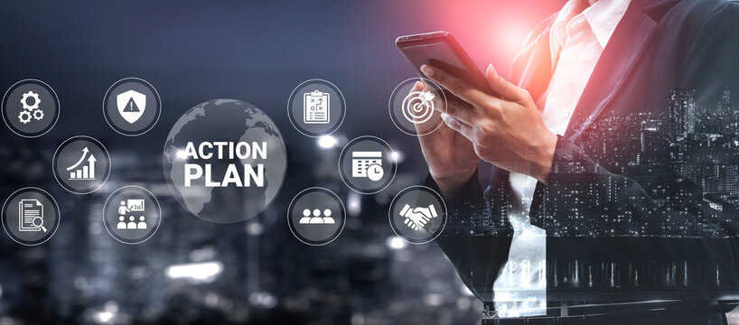A businessman interacts with a smartphone amid a cityscape, surrounded by action plan icons symbolizing strategic planning, decision making, and professional growth. Ledger