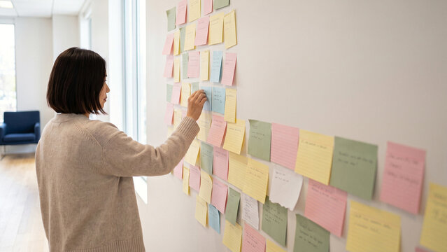 壁一面の付箋にアイデアを書き出す後ろ姿の女性