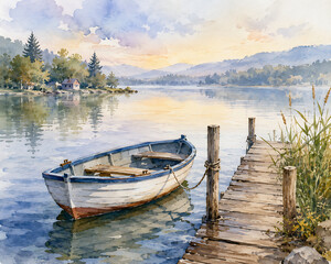 Obraz premium old wooden boat on lake