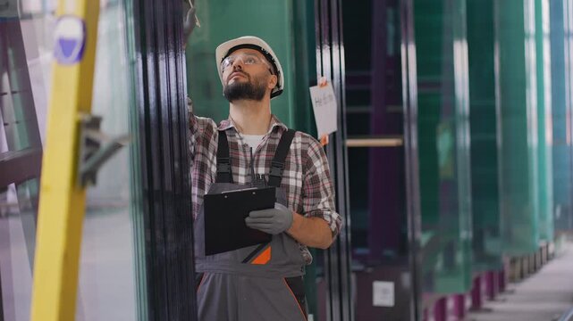 Factory worker checking glass panels inventory