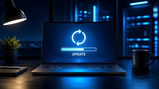 Laptop computer in a dark server room displaying a glowing digital system update progress bar.