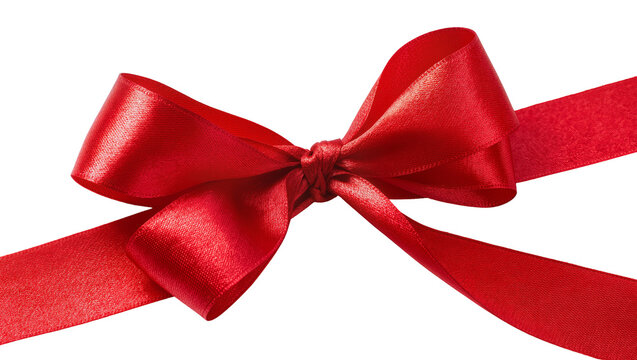 Isolated beautiful bright red satin ribbon bow, elegant decorative element for gifts and celebrations.