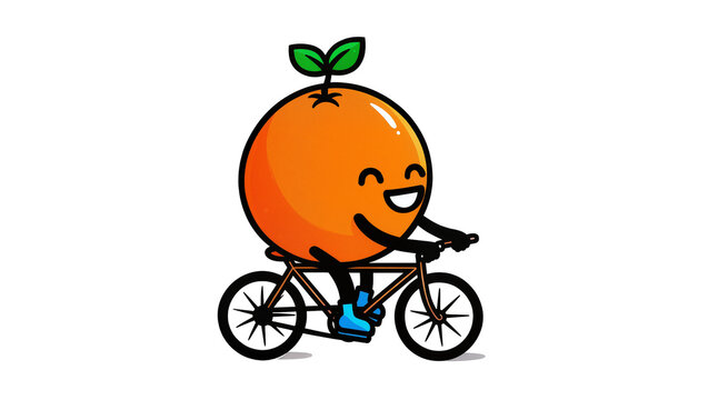 Isolated happy orange fruit cartoon character riding a bicycle, healthy lifestyle mascot illustration