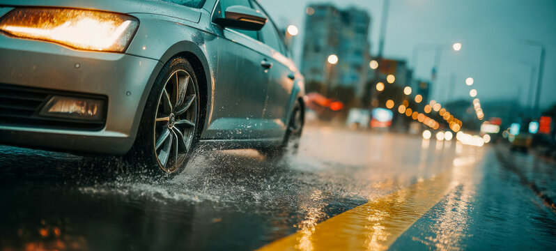 Car drives through rain on a city street with lights in the background during evening hours