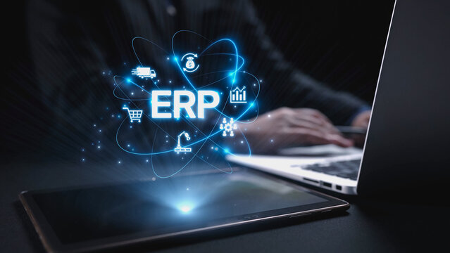 ERP platform visual showing centralized system for enterprise resource planning, improving integration, data flow, business efficiency, finance, inventory, and human resources. Elide
