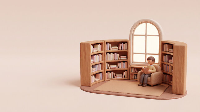 3Dクレイイラスト 読書時間と図書館の落ち着いた学習空間