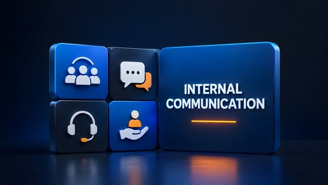 Modern 3D blocks displaying internal communication text with team chat support and human resources icons in a blue corporate style.