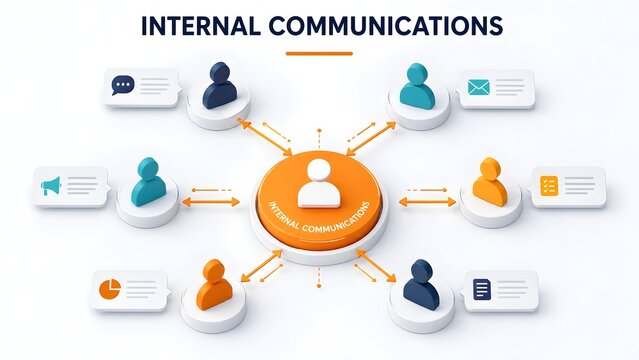 3D infographic network diagram illustrating internal communications with a central hub connecting diverse employee profiles and feedback icons.