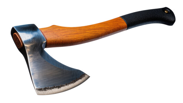 Isolated sharp metal splitting axe with curved wooden handle and black textured grip