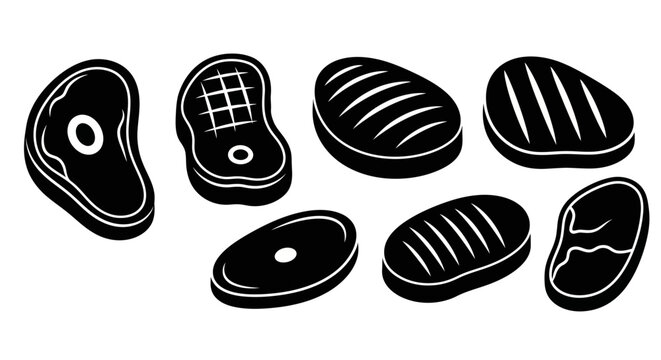 Set of various raw meat steak cuts and grilled beef silhouettes isolated on white background