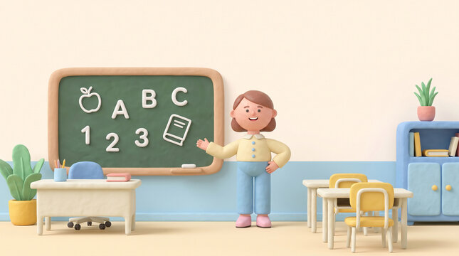 3Dクレイイラスト 教室で学びを支える教師と教育イメージ