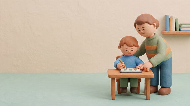 3Dクレイイラスト 親子で楽しく勉強する家庭学習と教育