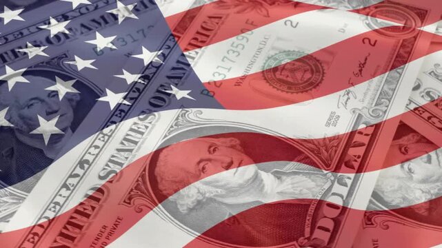 Waving United States flag blended with rows of hundred dollar bills, illustrating American economic power, government spending, and financial markets.