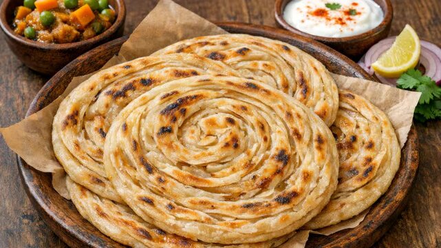 Delicious naan bread with a golden-brown exterior and soft interior on a rustic wooden board. Accompanied by small bowls of chutney and sauce.