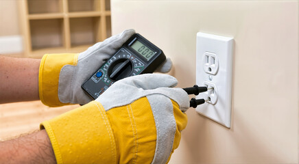 Obraz premium Electrician testing wall outlet with multimeter. Close up of hands in yellow gloves checking voltage. Electrical safety and maintenance concept
