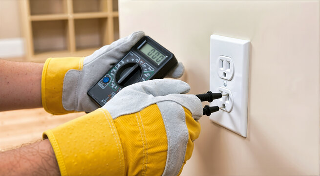 Electrician testing wall outlet with multimeter. Close up of hands in yellow gloves checking voltage. Electrical safety and maintenance concept