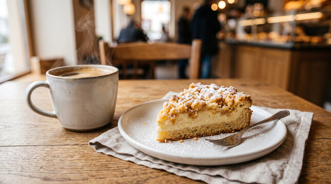 Creamy crumble cake with crunchy butter crumbs on a white plate, served cozily with steaming cup of coffee &ndash; traditional German sheet cake from the bakery